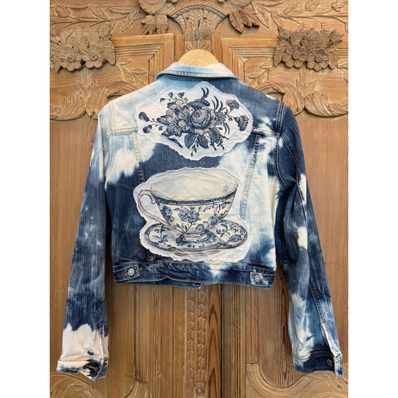 bebe Jackets & Blazers - Distressed/Upcycled Denim Jacket| Vintage Teacup Patchwork| Soft Grunge| Medium